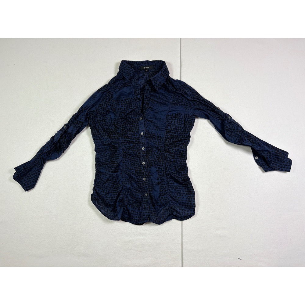 Express Womens Navy Blue Black Abstract Print Ruched Button Down Shirt Small
